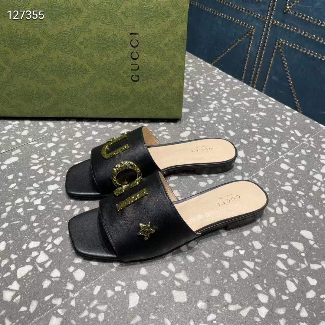 Gucci Women GG Slide Sandal Black Leather Textured Logo Star Flat 1 Cm Heel