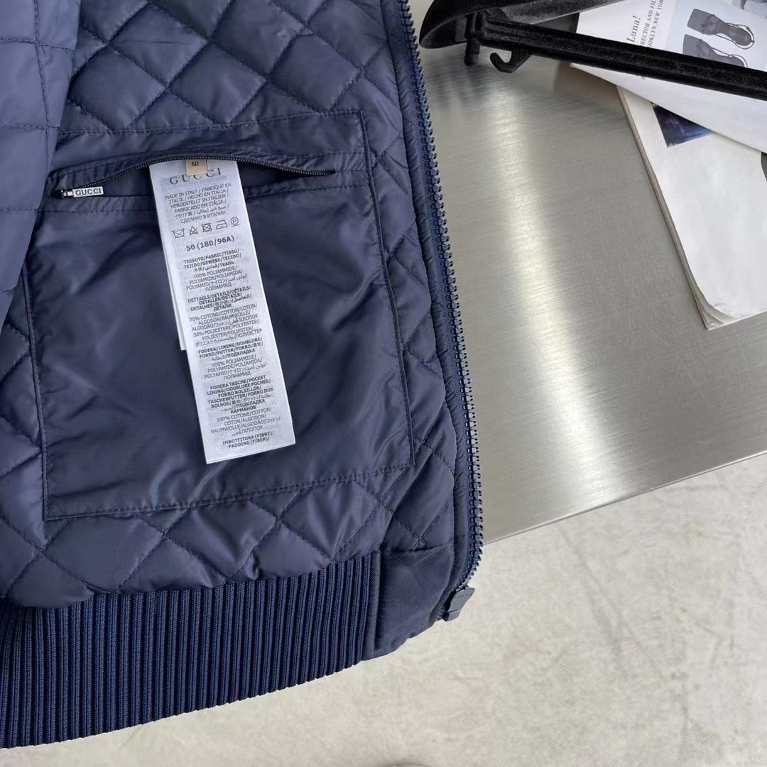 Gucci Women GG Nylon Canvas Zip Jacket Dark Blue Interlocking G Embroidered High Neck