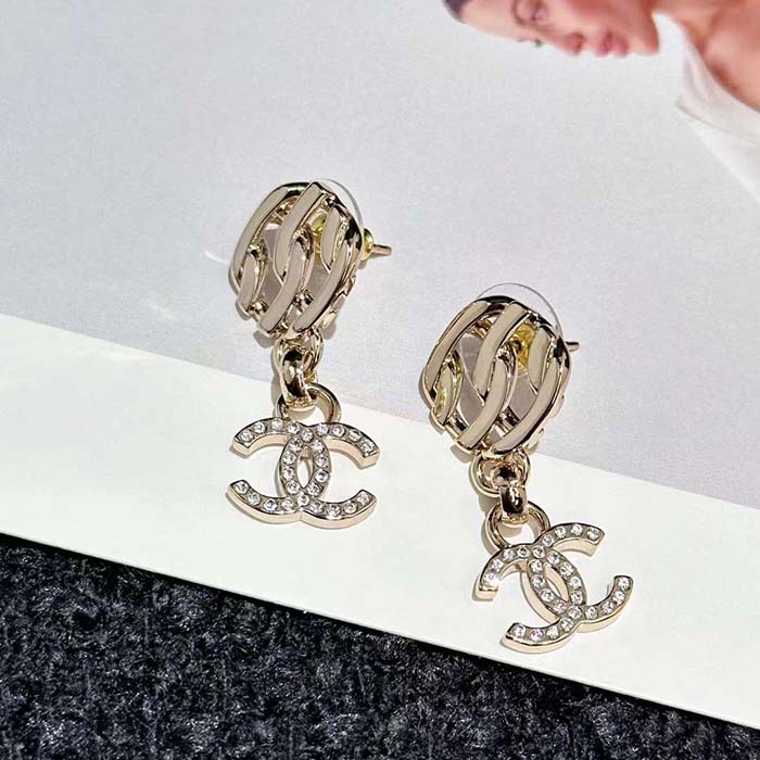 Chanel Women CC Pendant Earrings Metal Resin Strass Gold White Crystal