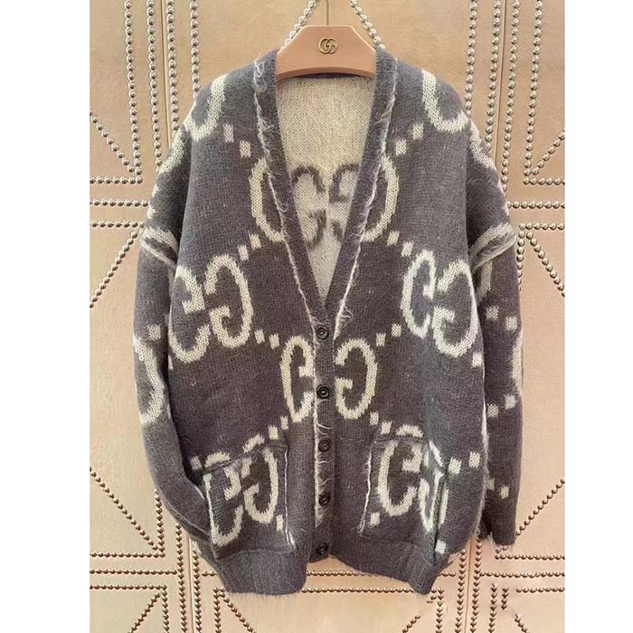 Gucci Women Reversible GG Mohair Cardigan Wool V-Neck Front Pockets