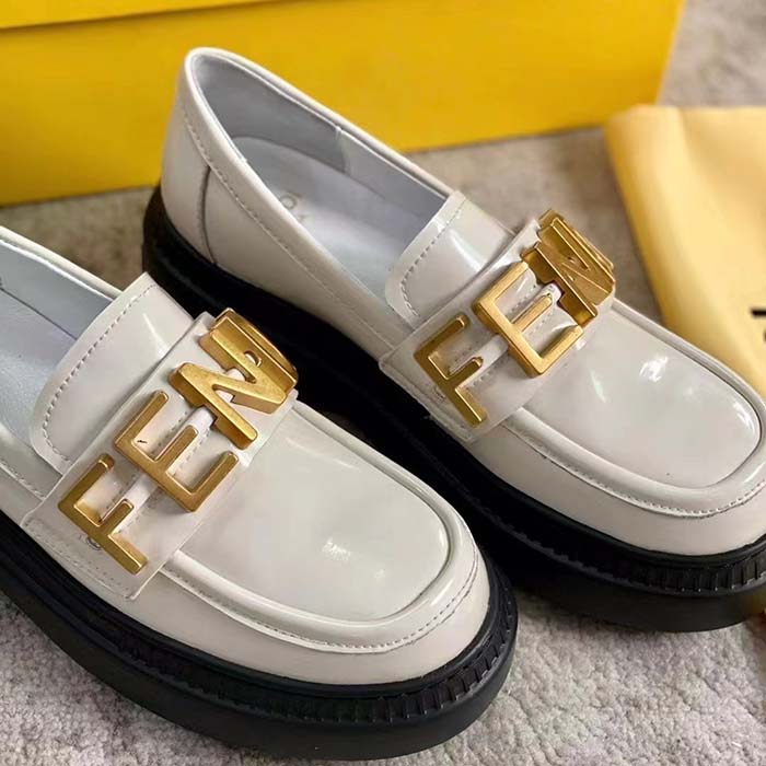 Fendi Women FF Fendigraphy White Leather Loafers 5 Cm Heel