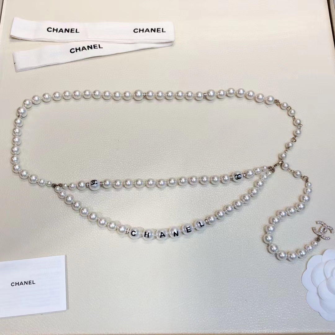 Chanel Women CC Chain Belt Metal Glass Pearls Imitation Pearls Strass Dark Gold Pearly White Crystal