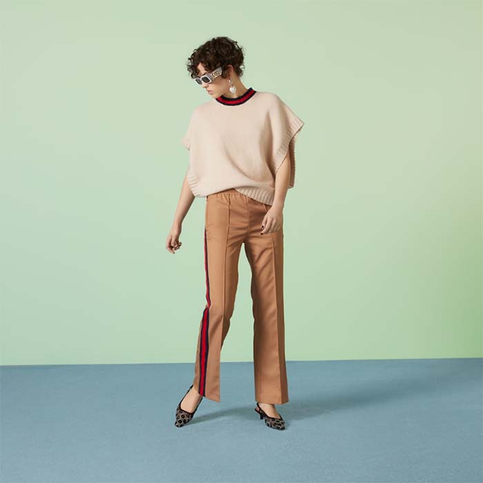 Gucci Women GG Wool Sweater Interlocking G Crewneck Web Stripe Wide Armhole Sleeveless