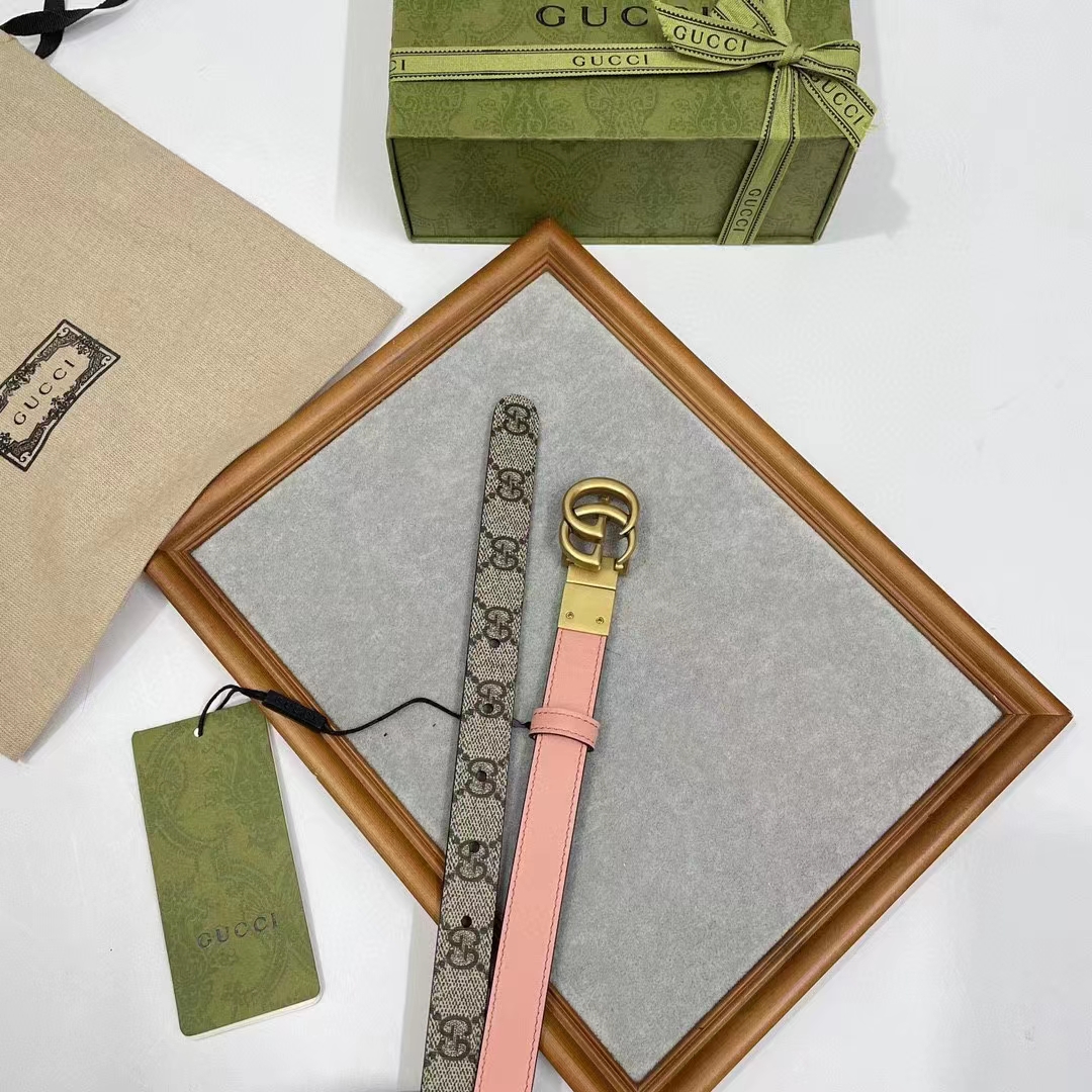 Gucci Unisex Marmont Reversible Thin Belt Beige Ebony GG Supreme Canvas