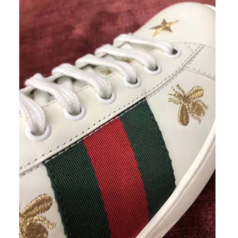Gucci Men’s Ace Embroidered Sneaker in White Leather with Bees and Stars