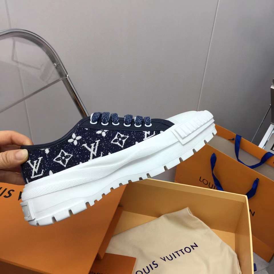 Louis Vuitton Unisex LV Squad Sneaker Navy Blue Monogram Denim Rubber Outsole Circle