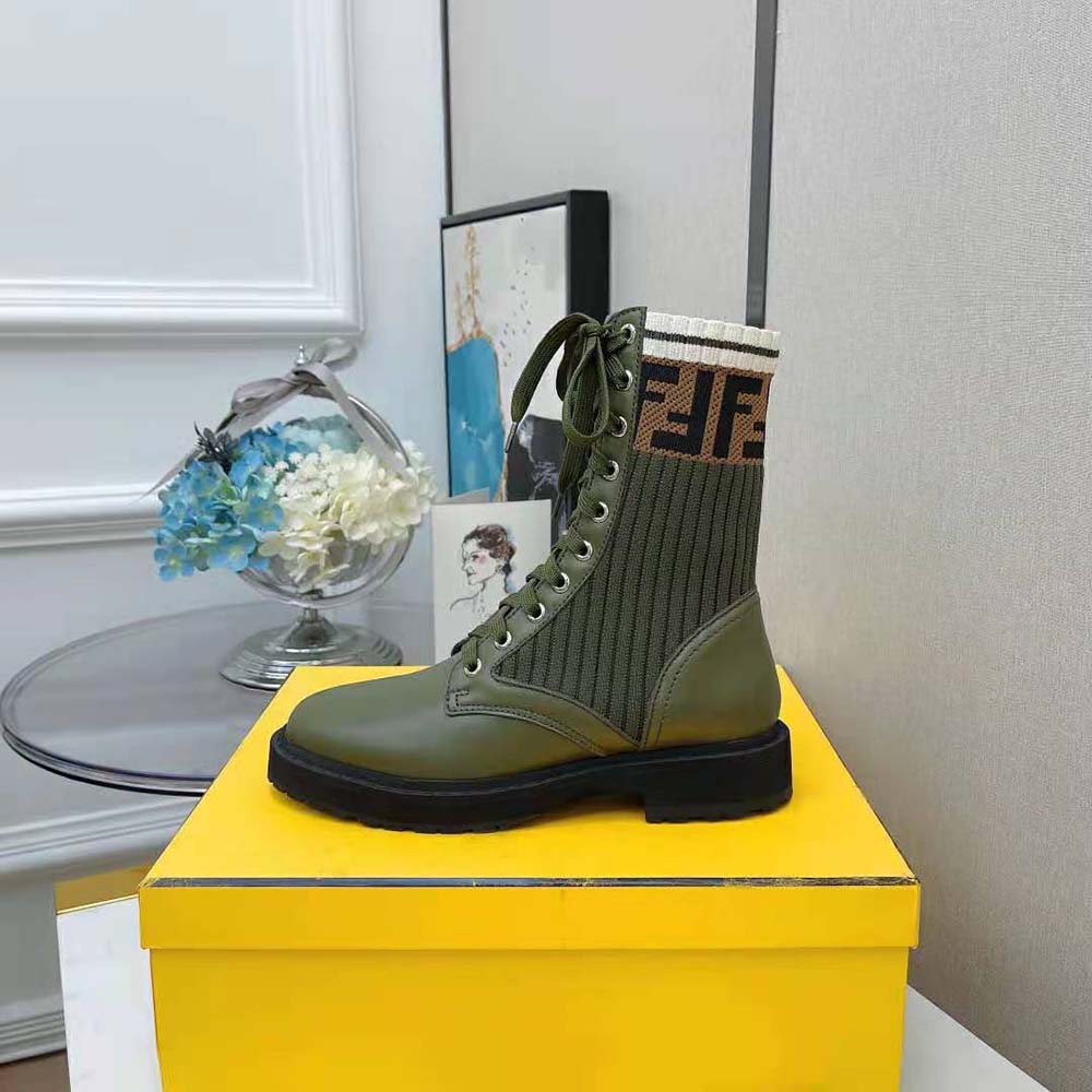 Fendi Women Rockoko Green Leather Biker Boots with Stretch Fabric