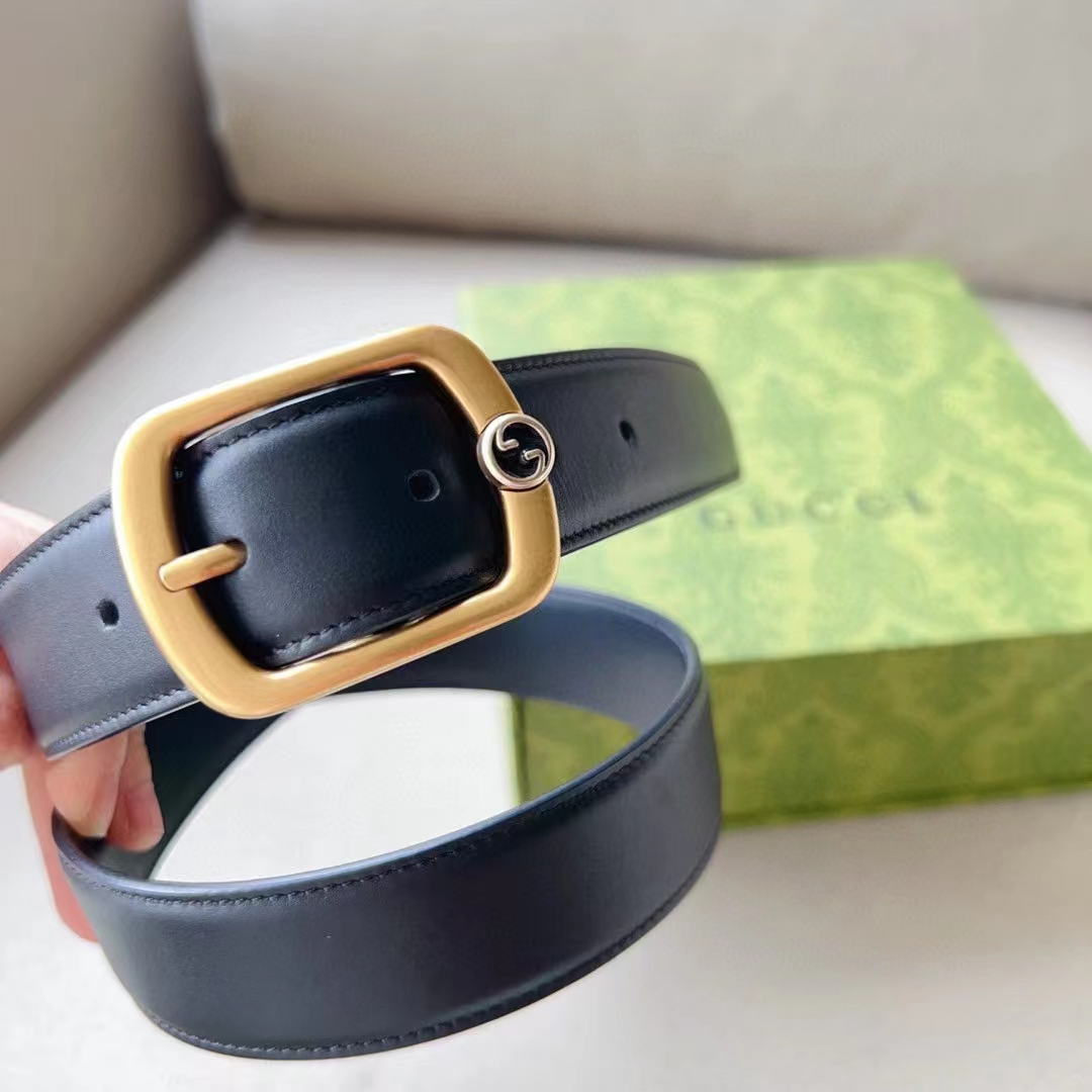 Gucci Unisex GG Belt Rectangular Buckle Black Leather Antique Brass Hardware 3 CM Width