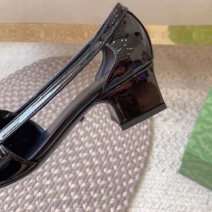 Gucci Women Pump GG Canvas Black Patent Leather Bow Leather Sole Cut-Out Block Heel