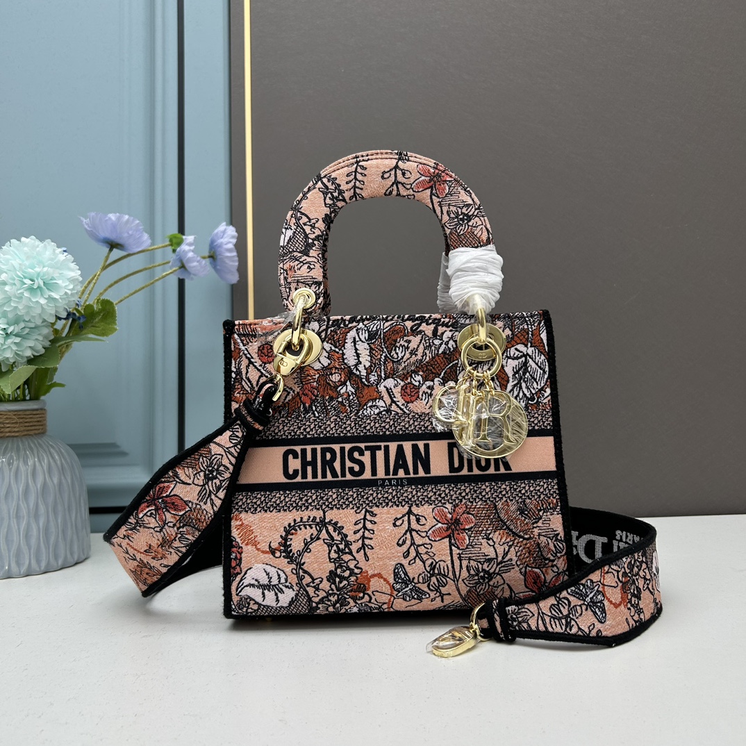 Dior Women CD Medium Lady D-Lite Bag Powder Pink Dior Jardin Magique Embroidery