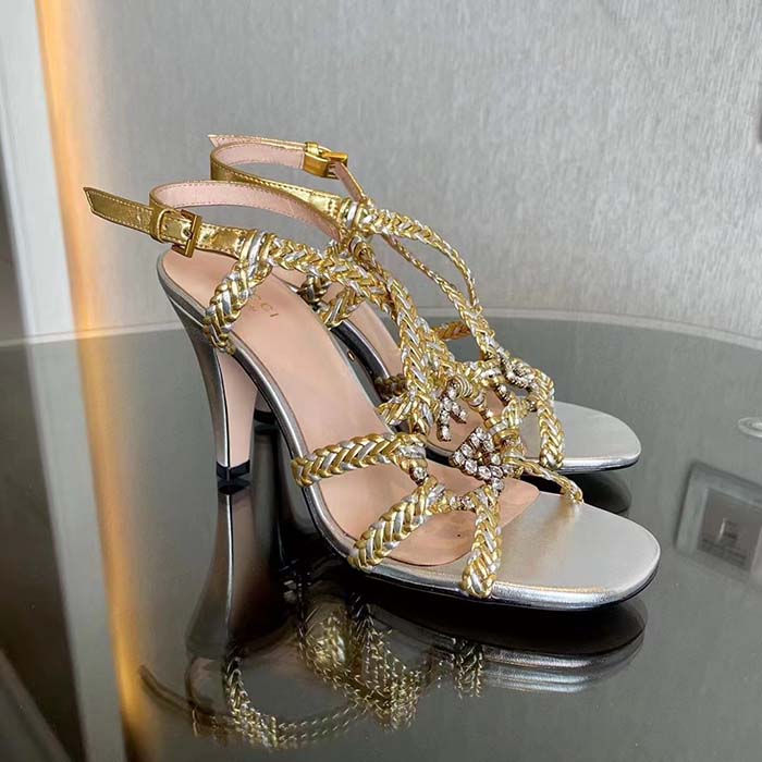 Gucci Women GG Nojum High Heel Sandal Metallic Platinum Silver Braided Leather 9 CM