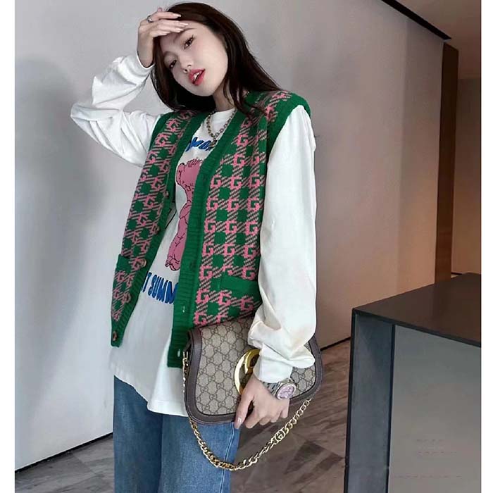 Gucci Women GG HA HA HA Square G Vest Green Pink Wool Jacquard V-Neck Sleeveless