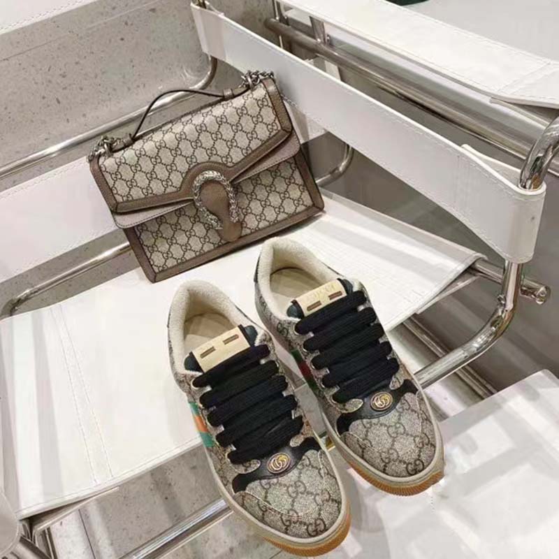Gucci Unisex GG Screener Sneaker Beige Ebony GG Supreme Canvas Green Red Web