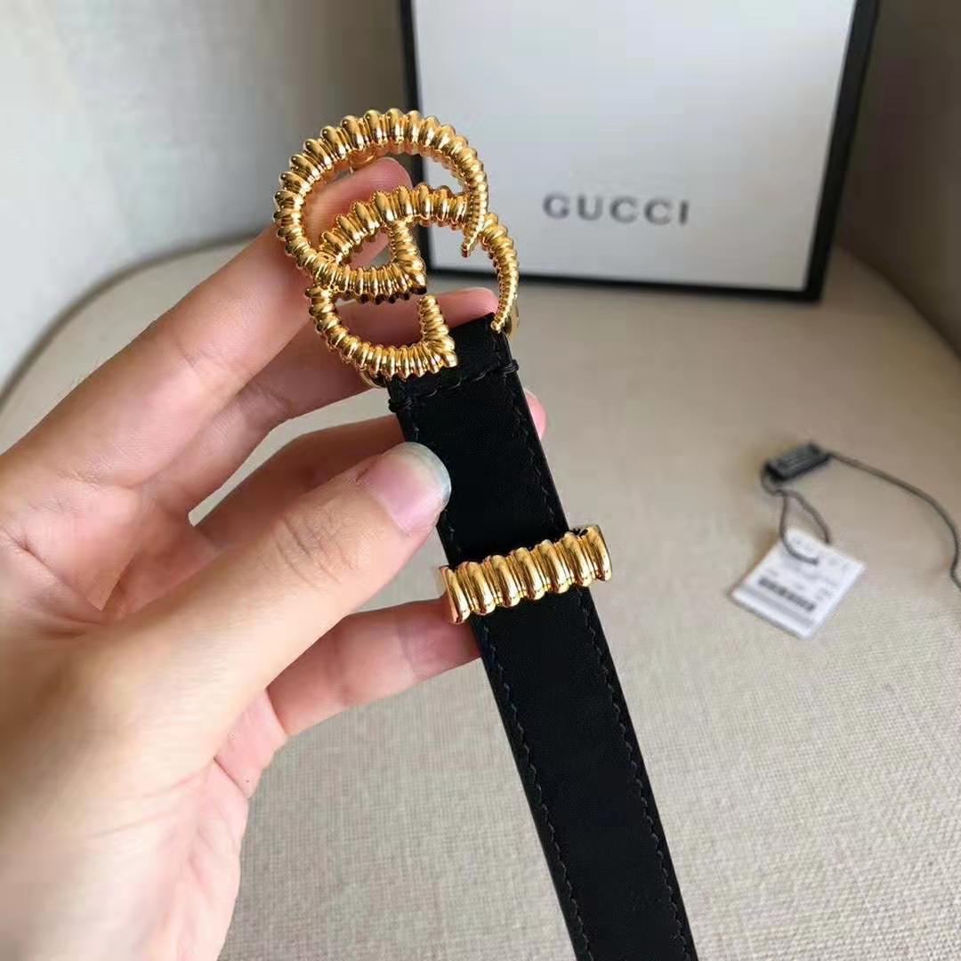 Gucci Unisex GG Suede Belt with Torchon Double G Buckle-Black