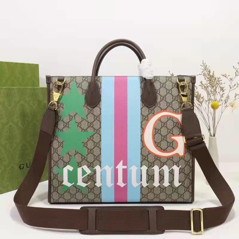 Gucci Unisex Medium Tote Geometric Print Beige Ebony GG Supreme Canvas