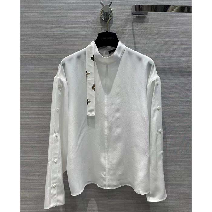 Louis Vuitton Women LV Monogram Lavaliere Button Sleeve Blouse White Silk Regular Fit