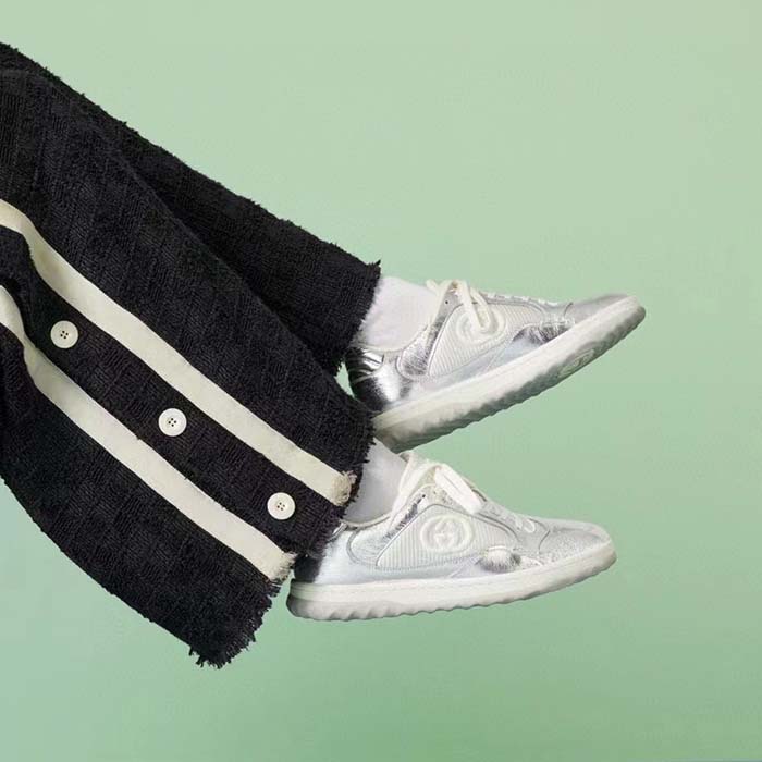 Gucci Unisex GG MAC80 Sneaker Metallic Silver Leather Fabric Round Toe Rubber Flat