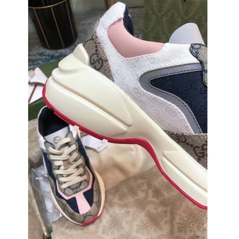Gucci Women GG Rhyton Sneaker Beige Ebony Blue Supreme Canvas Low 4 cm Heel
