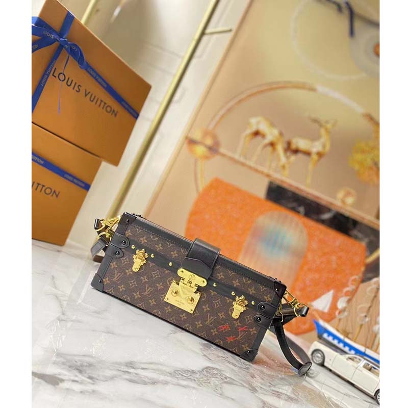 Louis Vuitton LV Unisex Petite Malle Handbag Monogram Coated Canvas Cowhide Leather