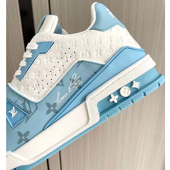 Louis Vuitton Unisex LV Trainer Sneaker Blue Mix Materials Rubber Initials Monogram Flowers