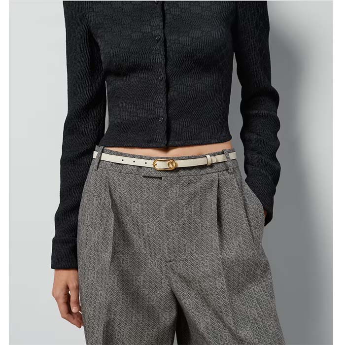 Gucci GG Unisex Thin Belt Mini Round Interlocking G White Leather 1.5 CM Width