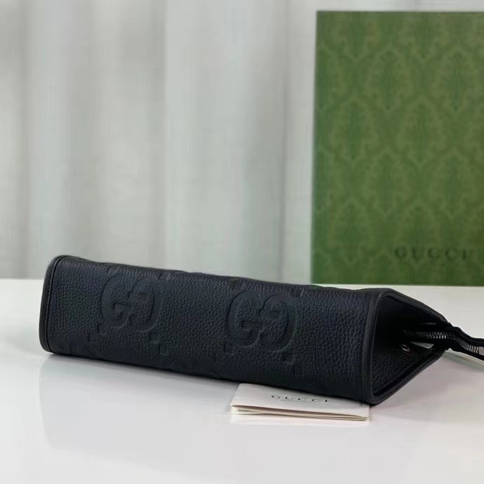 Gucci Unisex Jumbo GG Pouch Black Jumbo GG Leather Zip Closure