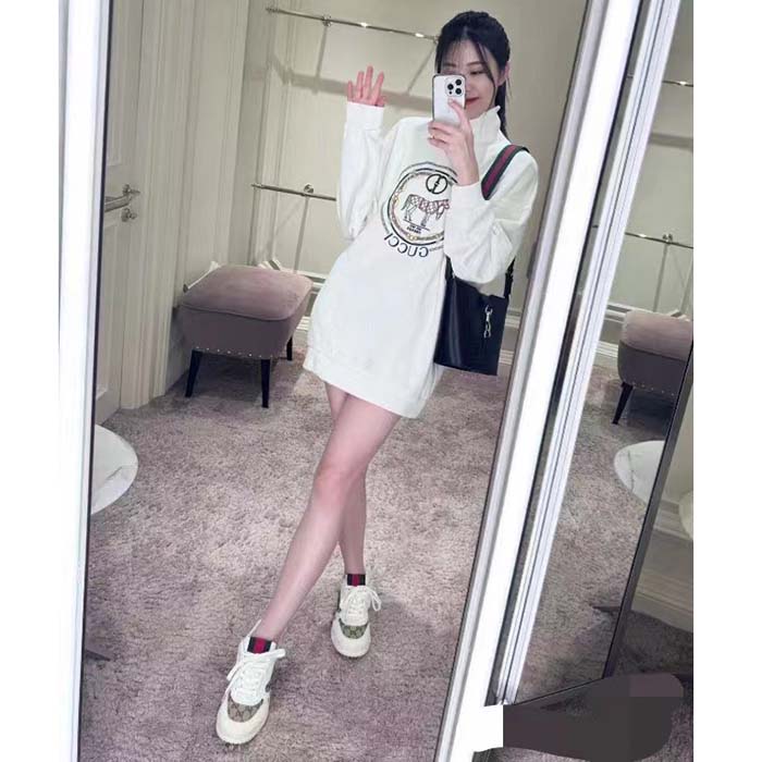 Gucci GG Women Jersey Sweatshirt Embroidery White Cotton Turtleneck Dropped Shoulder