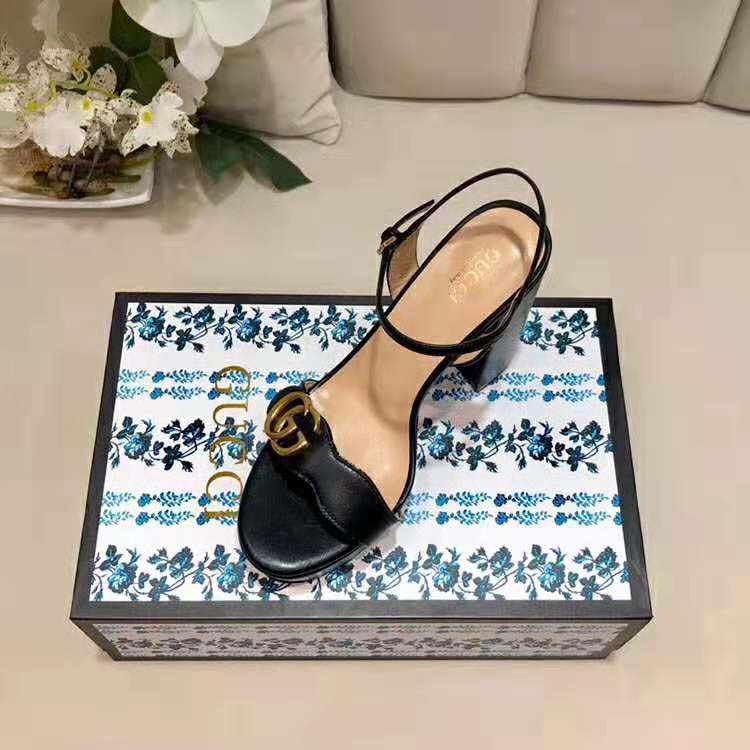 Gucci Women Leather Mid-Heel Sandal-Black