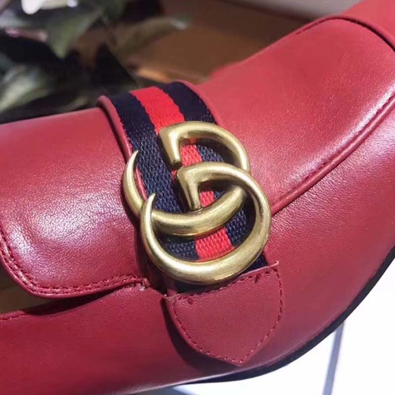 Gucci Women Leather Mid-Heel Loafer Shoes-Red