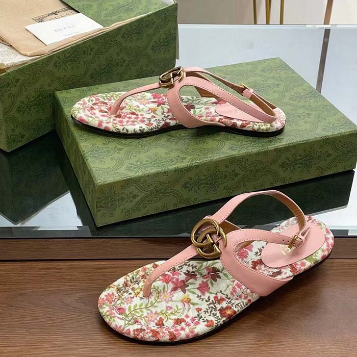 Gucci Women GG Double G Thong Sandal Pink Leather Flat 0.5 CM Heel