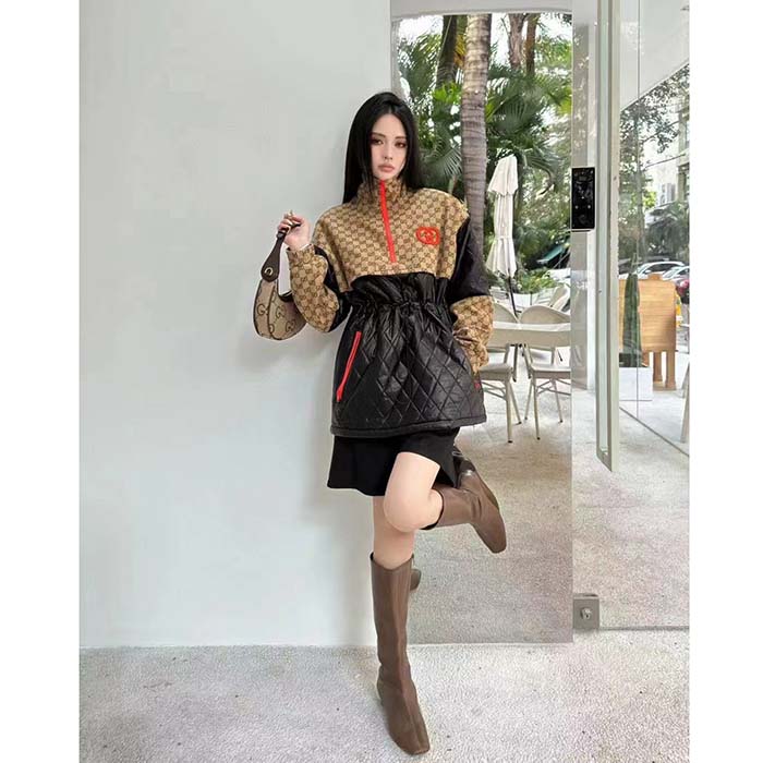 Gucci Women GG Canvas Nylon Zip Jacket Interlocking G Patch High Collar Drawstring Waistband