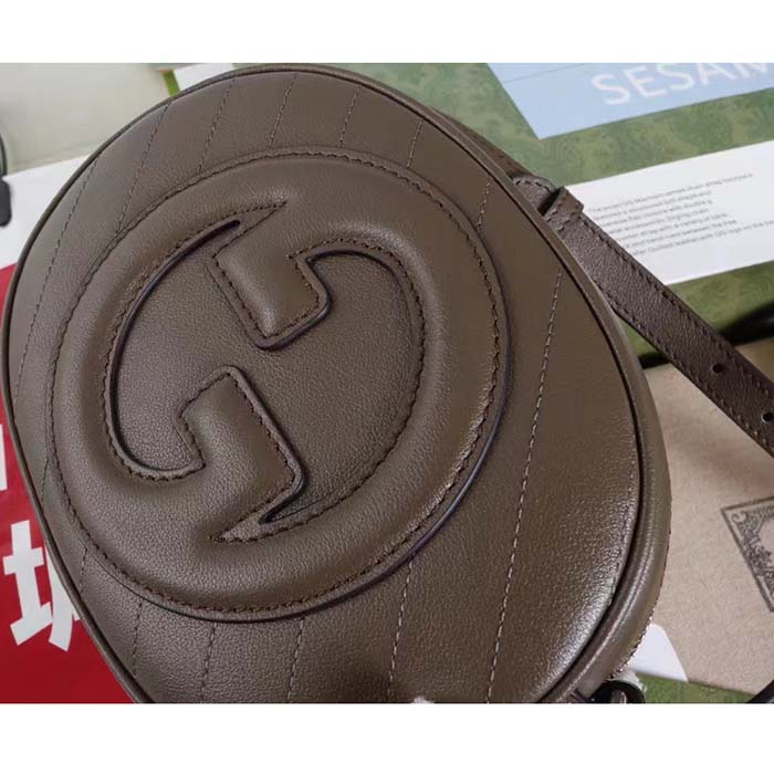 Gucci Women GG Blondie Mini Shoulder Bag Brown Leather Round Interlocking G Patch