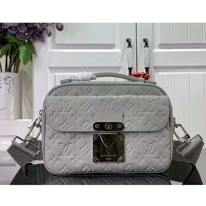 Louis Vuitton LV Unisex S Lock Messenger Mineral Gray Embossed Taurillon Monogram Cowhide Leather