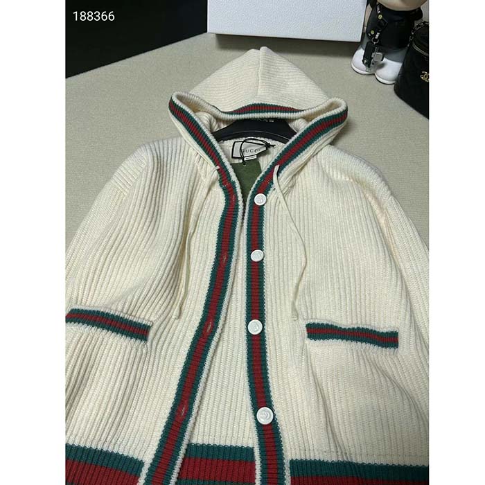 Gucci Women Rib Stitch Wool Cardigan Web Fixed Hood Drawstring Dropped Shoulder Long Sleeves