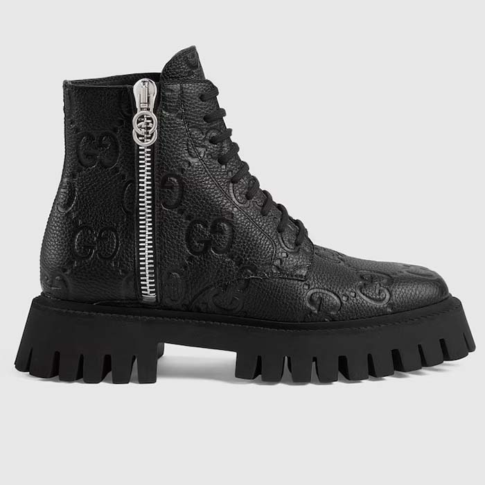 Gucci Unisex GG Leather Boots Rubber Lug Sole Lace-Up Interlocking G Flats