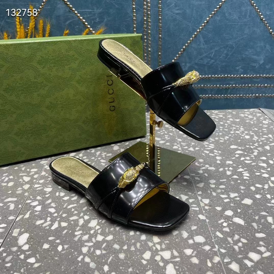 Gucci Women GG Slide Sandal Tiger Head Black Patent Leather Flat