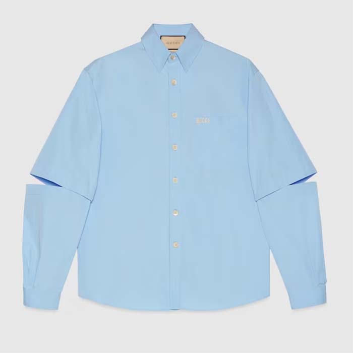 Gucci Women Cotton Poplin Embroidery Light Blue Piece Dyed Point Collar Detachable Sleeves