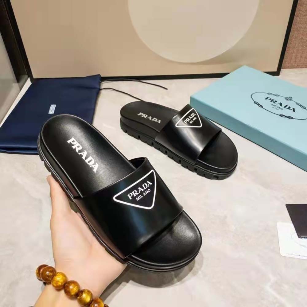 Prada Women Leather Slides in 20mm Heel-Black