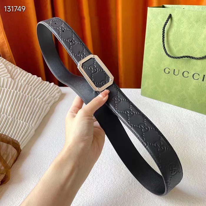 Gucci Unisex Signature Leather Belt Black Leather Rectangular Buckle Trademark 3.8 CM Width