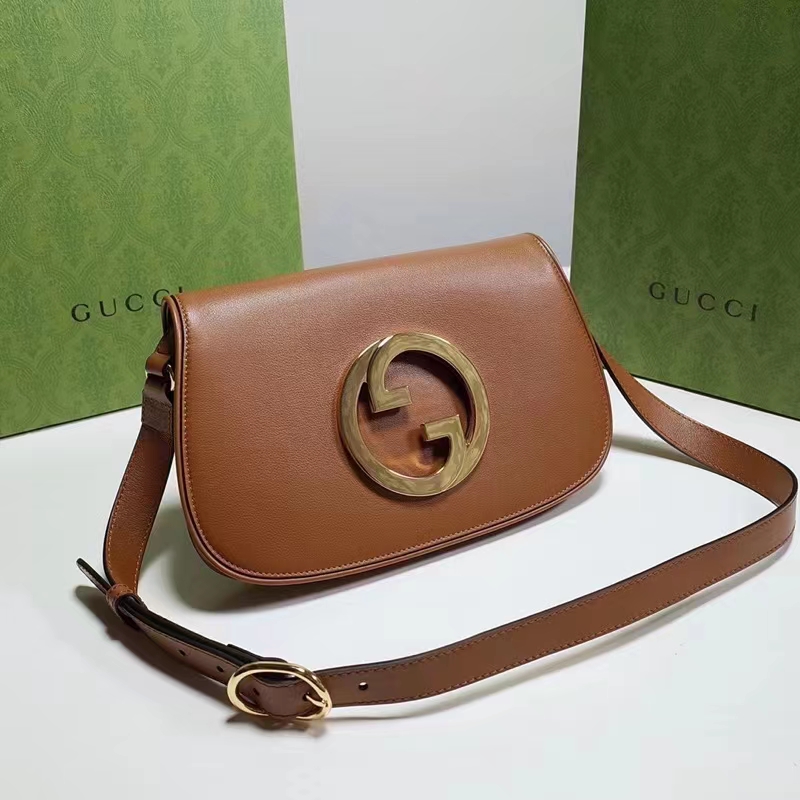 Gucci Women GG Blondie Shoulder Bag Brown Leather Round Interlocking G