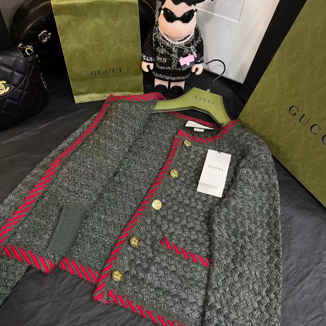 Gucci Women GG Cable Knit Wool Jacket Dark Green Collarless Wool Cotton