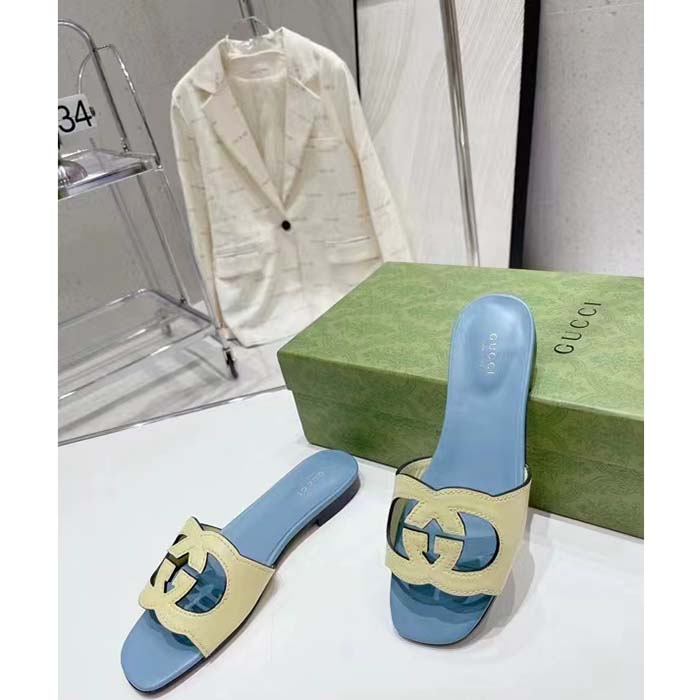 Gucci Unisex Interlocking G Cut-Out Slide Sandal Yellow Light Blue Suede Flat