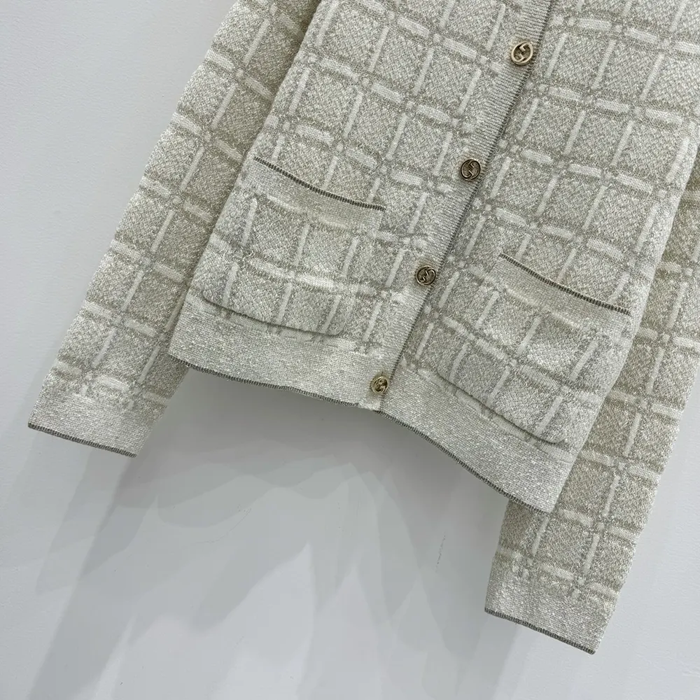 Gucci Women Wool and Lame Check Jacquard Cardigan 805754XKEDI9237