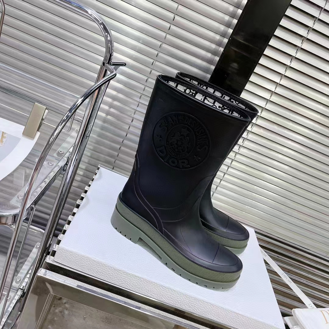 Dior Women CD Diorunion Rain Boot Black Khaki Two-Tone Rubber Dior Union Motif