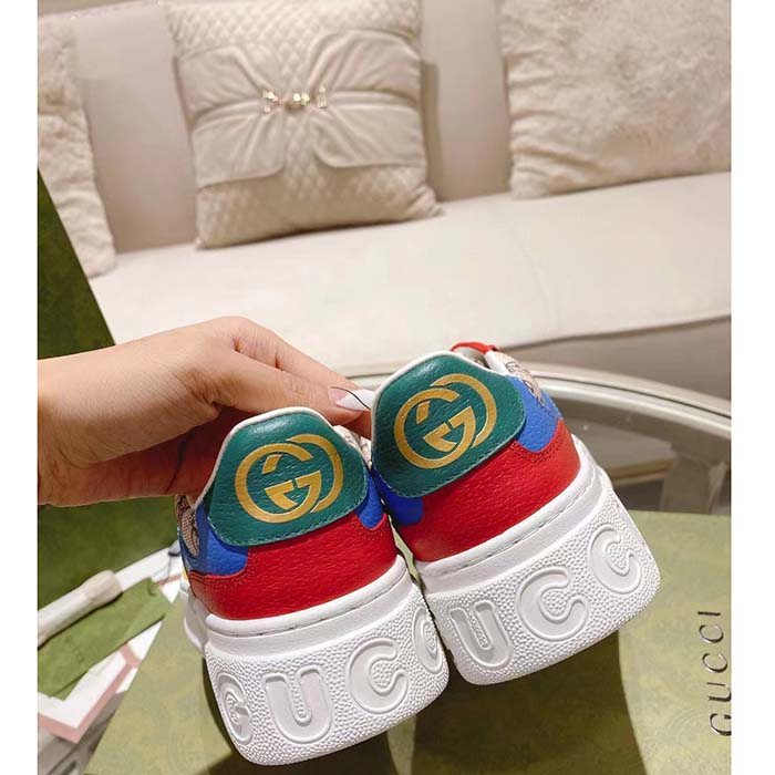 Gucci Unisex Sneaker Beige Blue GG Supreme Canvas Interlocking G 5.6 Cm Heel