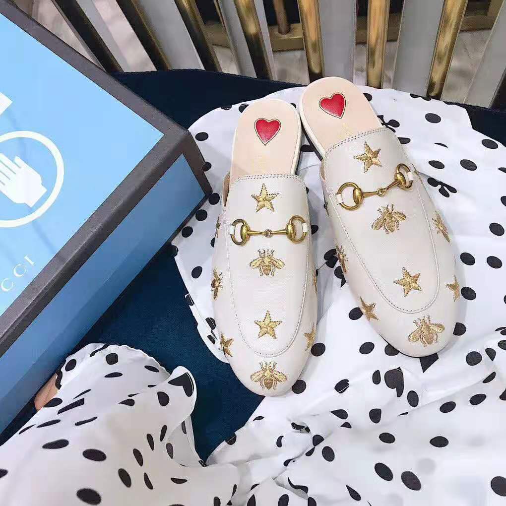 Gucci Women Princetown Embroidered Leather Slipper 1.27cm Heel-White