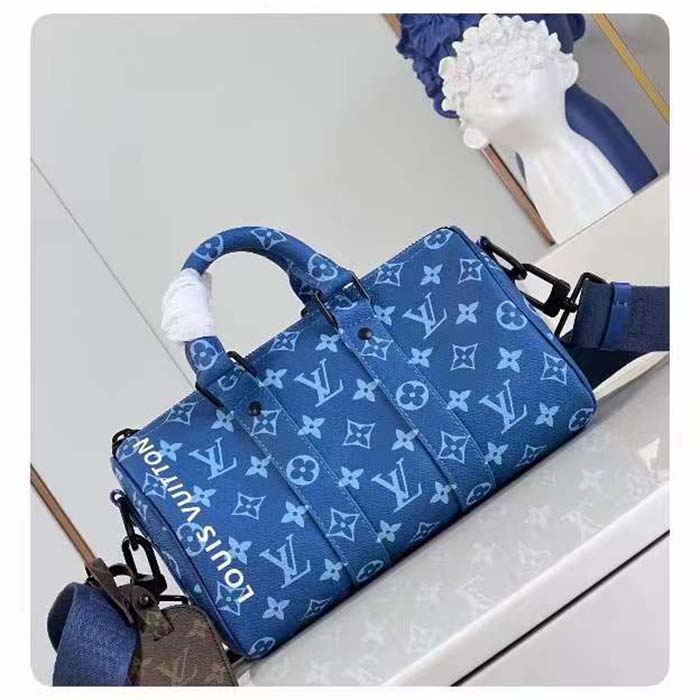 Louis Vuitton LV Unisex Keepall Bandoulière 25 Atlantic Blue Monogram Coated Canvas Cowhide Leather
