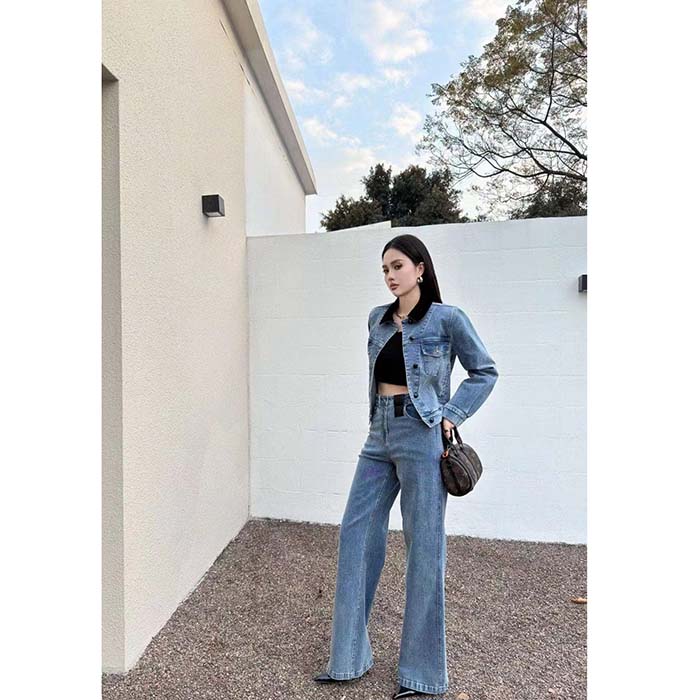 Louis Vuitton Women LV Wide-Leg Graphic Accent Jeans Cotton Blue Regular Fit 1AFFWE