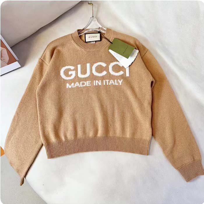 Gucci Women GG Wool Top Gucci Intarsia Camel Wool Crewneck Dropped Shoulder Long Sleeves Rib