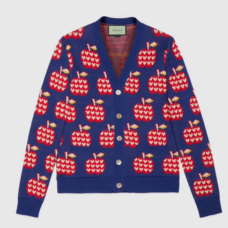 Gucci Women GG Les Pommes Cotton Cardigan Dark Blue Red Apple Knit Cotton Jacquard